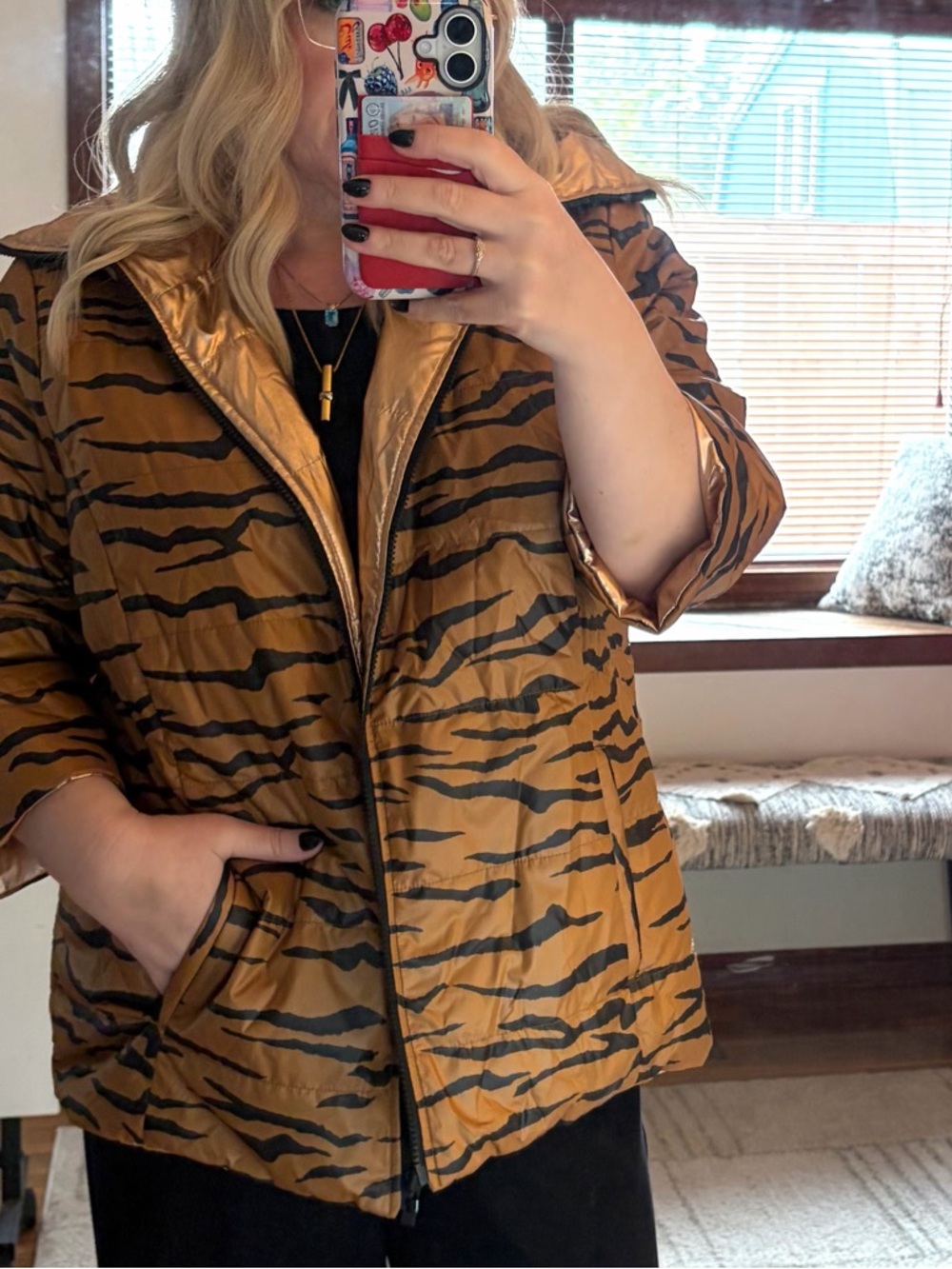 Chico's Rose Gold Black Tiger Print reversible Puffer Jacket metallic sz 16 18 - Picture 5 of 10